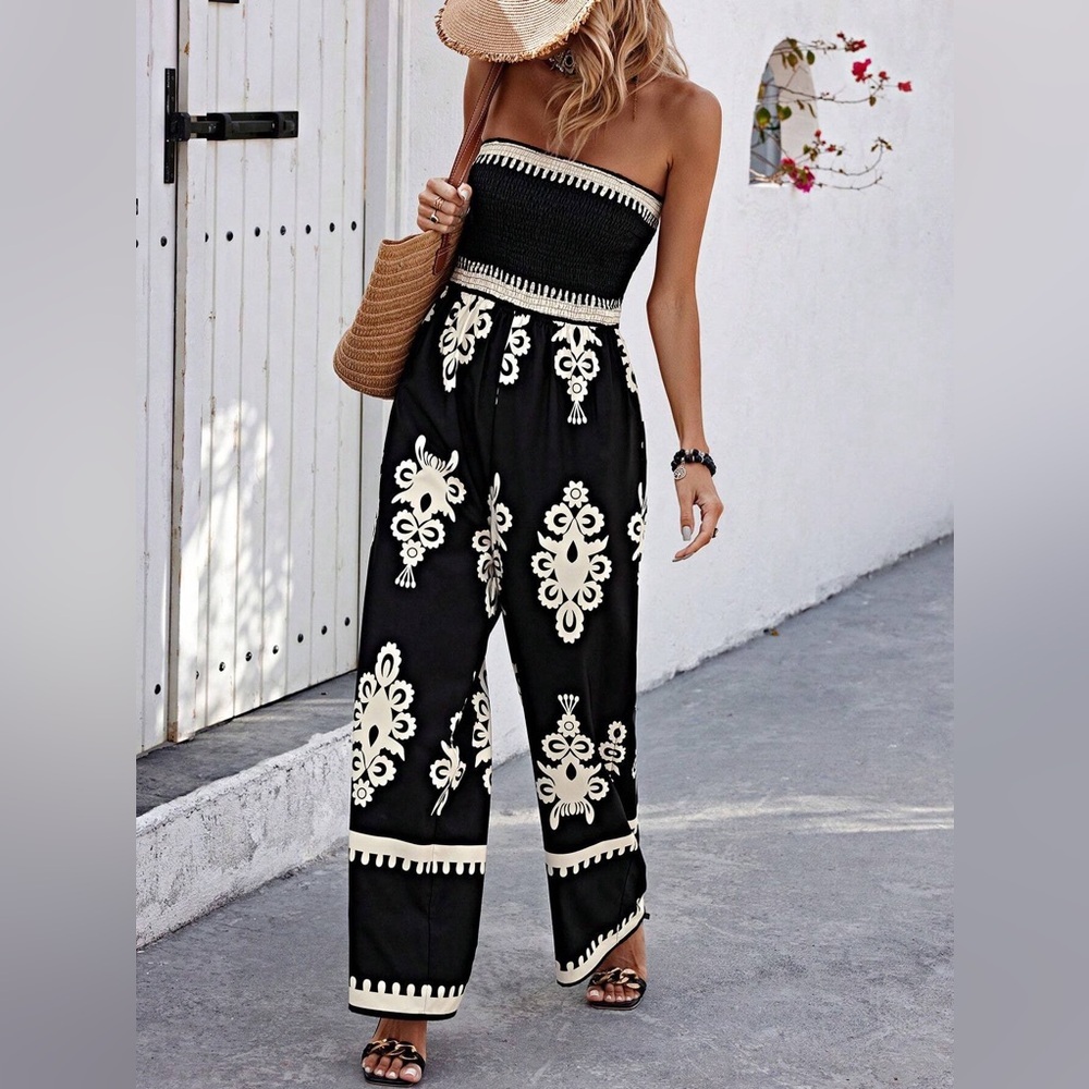 Strapless jumpsuit boho gypsy print navy blue - Picture 2 of 3